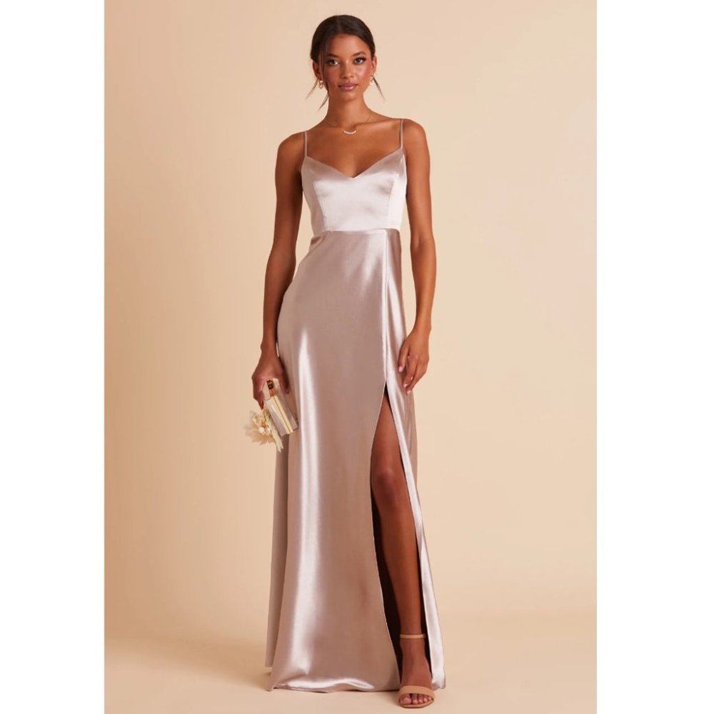 Birdy Grey Jay Satin Taupe Front Slit Gown | S